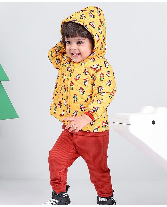 Babyhug Full Sleeves Hooded & Padded Jacket Penguin Print- Yellow