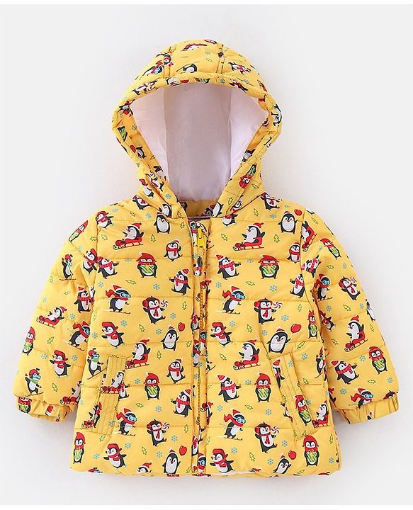 Babyhug Full Sleeves Hooded & Padded Jacket Penguin Print- Yellow