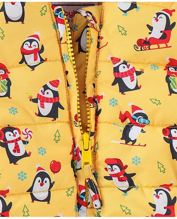 Babyhug Full Sleeves Hooded & Padded Jacket Penguin Print- Yellow