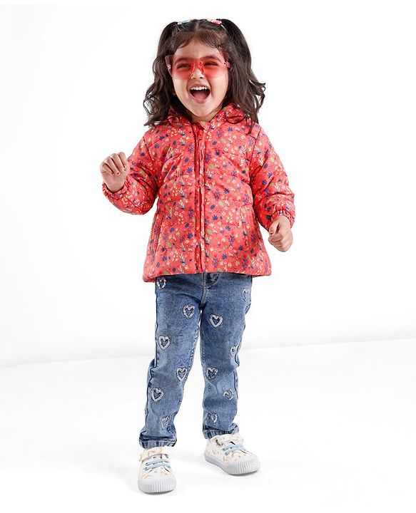 Babyhug Full Sleeves Hooded & Padded Jacket Floral Print- Coral