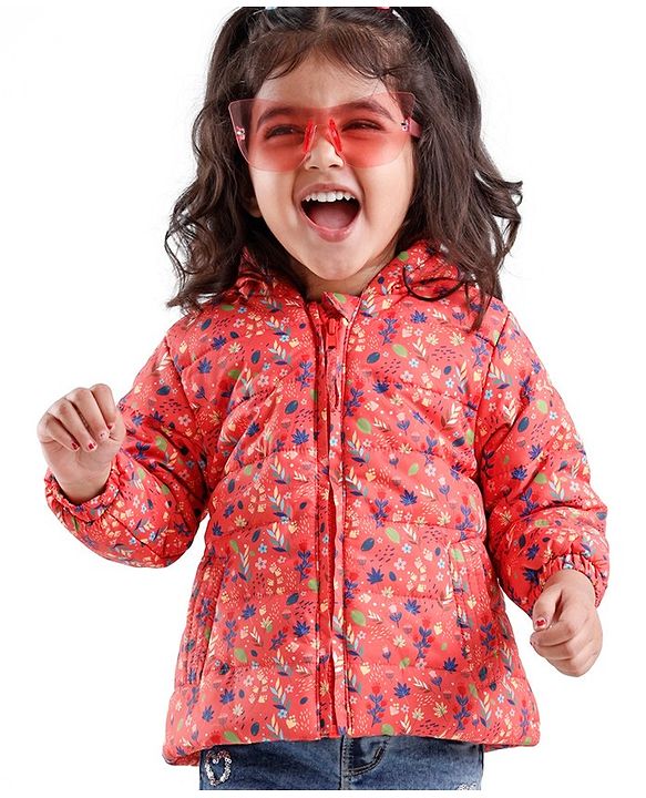 Babyhug Full Sleeves Hooded & Padded Jacket Floral Print- Coral