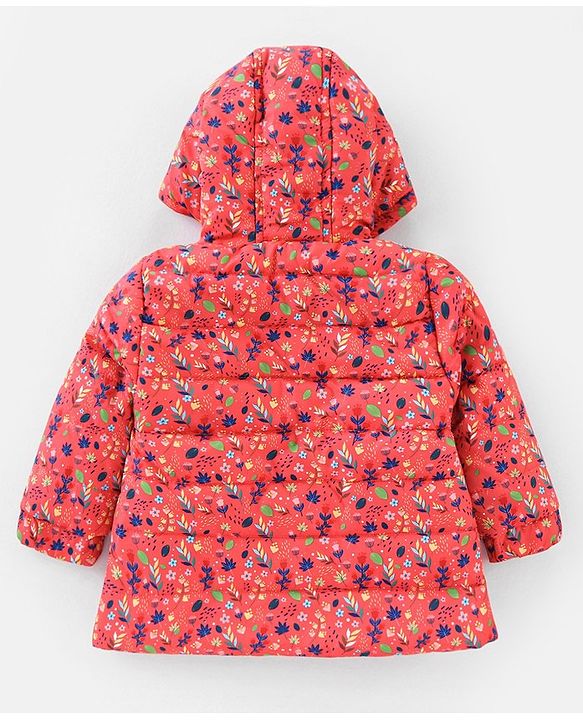 Babyhug Full Sleeves Hooded & Padded Jacket Floral Print- Coral