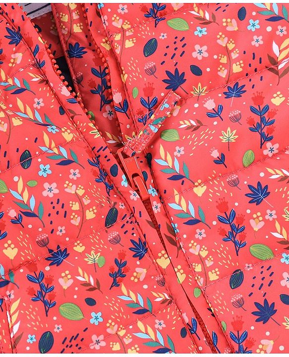 Babyhug Full Sleeves Hooded & Padded Jacket Floral Print- Coral