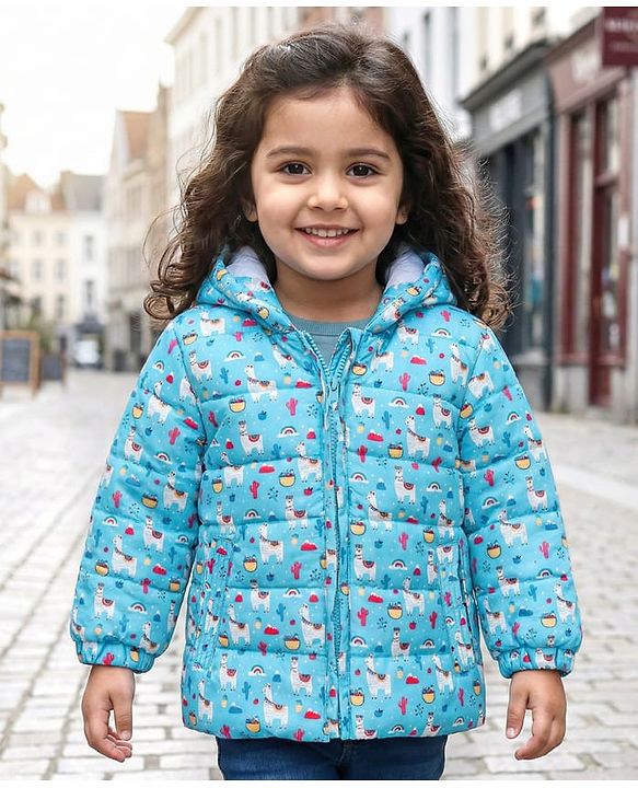 Babyhug Full Sleeves Hooded & Padded Jacket Llama Print- Blue
