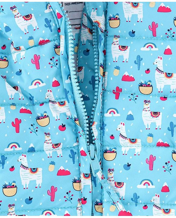 Babyhug Full Sleeves Hooded & Padded Jacket Llama Print- Blue