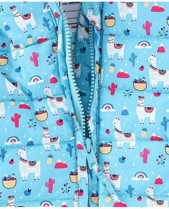 Babyhug Full Sleeves Hooded & Padded Jacket Llama Print- Blue