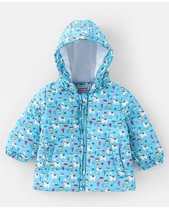 Babyhug Full Sleeves Hooded & Padded Jacket Llama Print- Blue