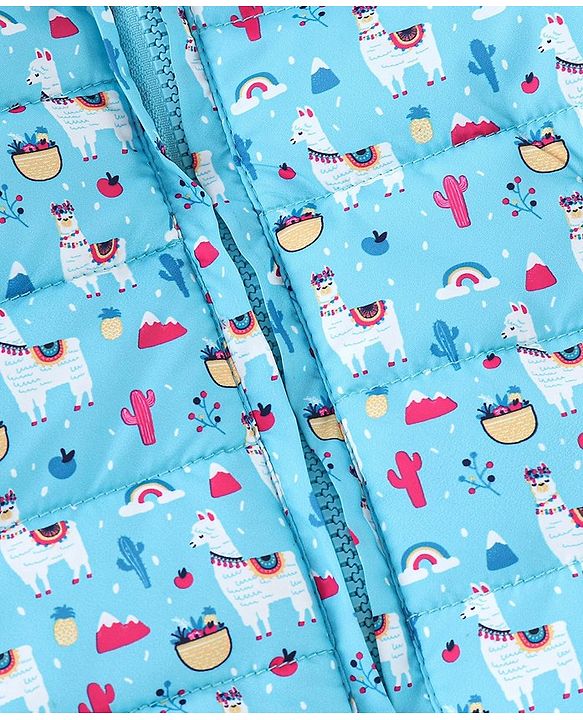 Babyhug Full Sleeves Hooded & Padded Jacket Llama Print- Blue