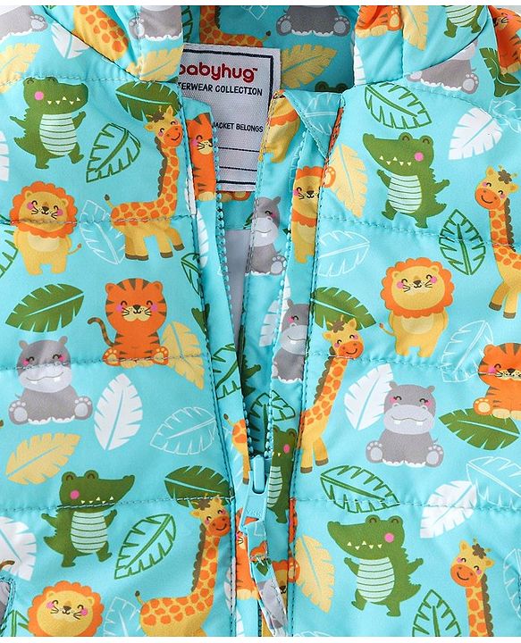 Babyhug Full Sleeves Hooded & Padded Jacket Lion & Tiger Print- Green
