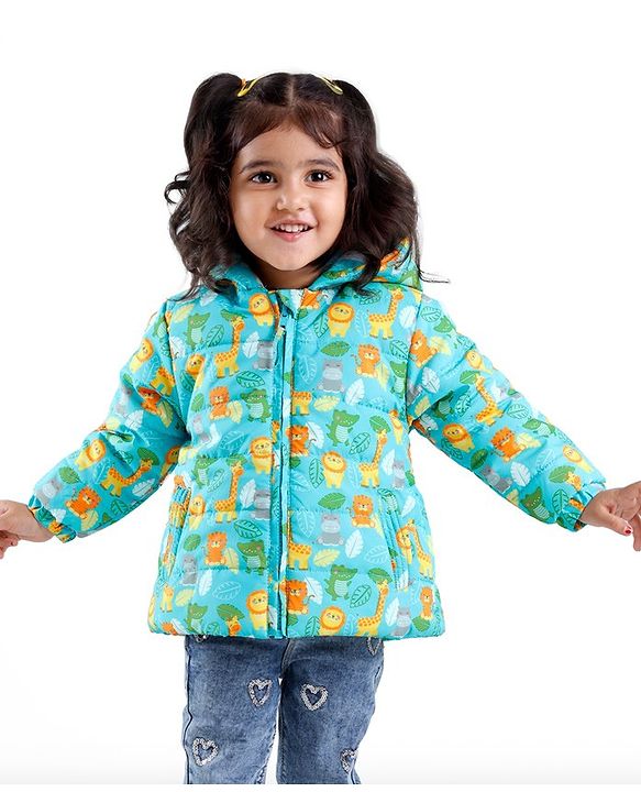 Babyhug Full Sleeves Hooded & Padded Jacket Lion & Tiger Print- Green