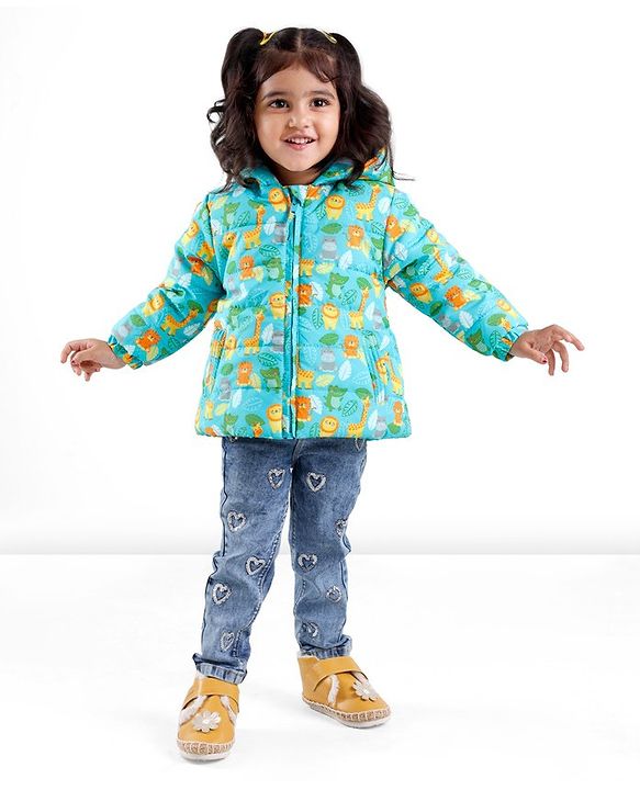 Babyhug Full Sleeves Hooded & Padded Jacket Lion & Tiger Print- Green