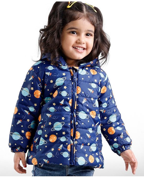 Babyhug Full Sleeves Hooded & Padded Jacket Outer Space Print- Navy Blue