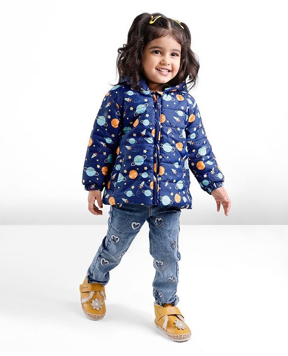 Babyhug Full Sleeves Hooded & Padded Jacket Outer Space Print- Navy Blue