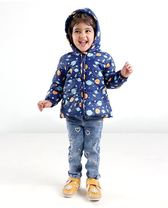 Babyhug Full Sleeves Hooded & Padded Jacket Outer Space Print- Navy Blue