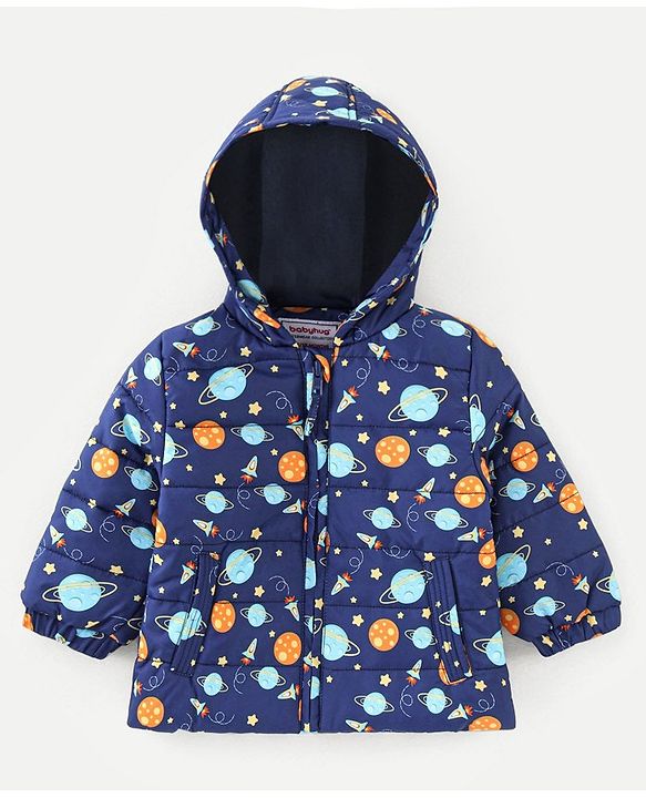 Babyhug Full Sleeves Hooded & Padded Jacket Outer Space Print- Navy Blue