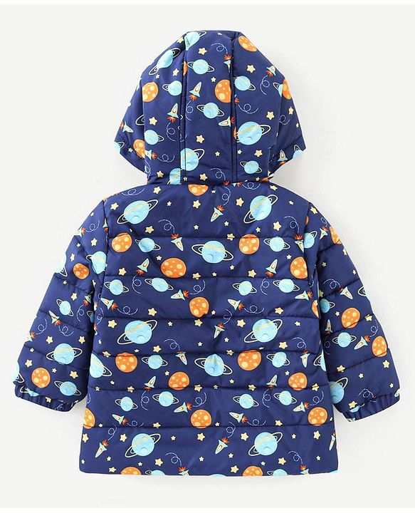 Babyhug Full Sleeves Hooded & Padded Jacket Outer Space Print- Navy Blue
