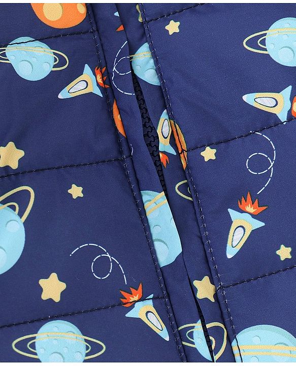 Babyhug Full Sleeves Hooded & Padded Jacket Outer Space Print- Navy Blue