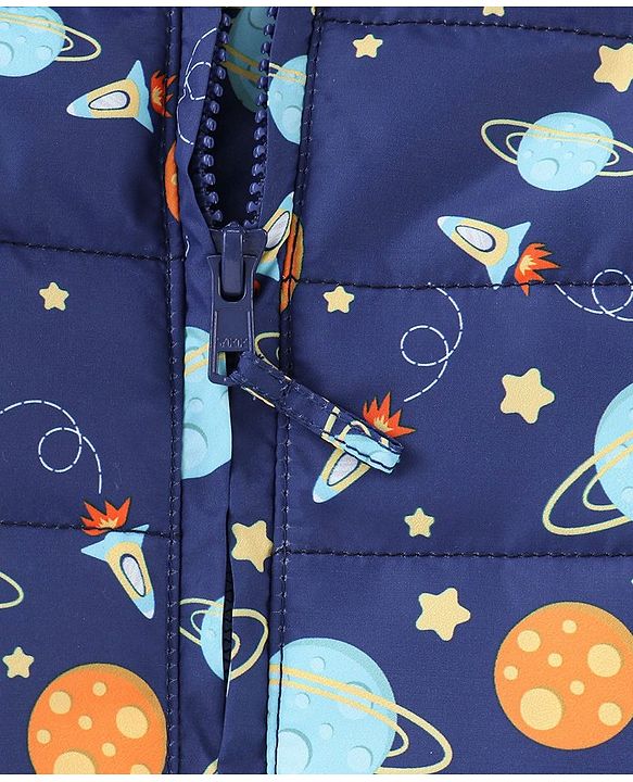 Babyhug Full Sleeves Hooded & Padded Jacket Outer Space Print- Navy Blue
