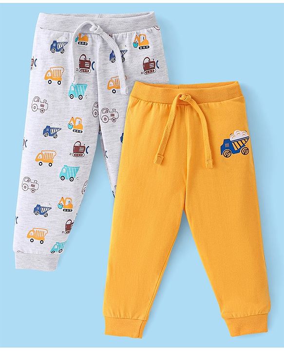 Babyhug Cotton Knit Full Length Lounge Pant Construction Vehicle Print Pack Of 2 - Yellow & White