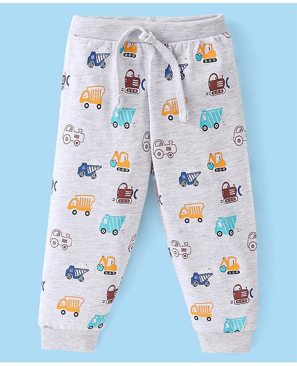 Babyhug Cotton Knit Full Length Lounge Pant Construction Vehicle Print Pack Of 2 - Yellow & White