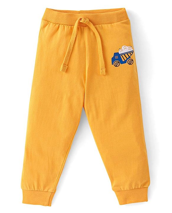Babyhug Cotton Knit Full Length Lounge Pant Construction Vehicle Print Pack Of 2 - Yellow & White