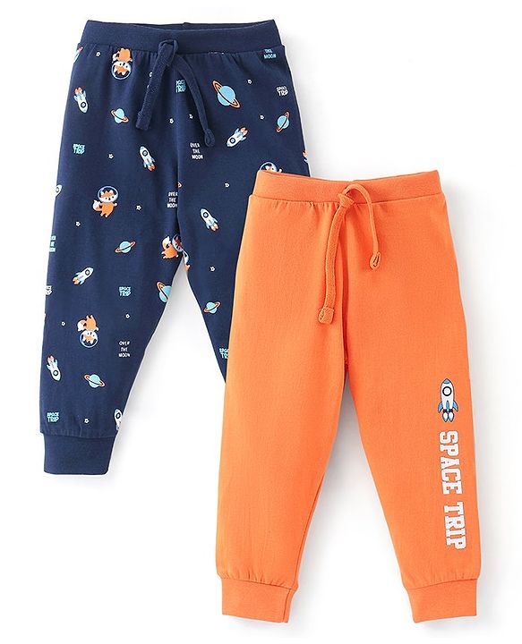 Babyhug Cotton Knit Full Length Lounge Pant Space Pack of 2 - Orange & Blue