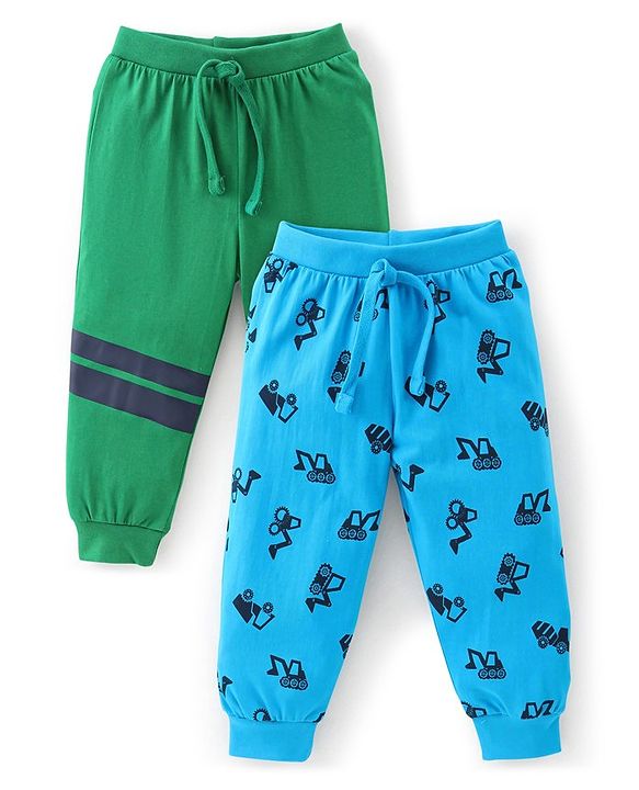 Babyhug Cotton Full Length Lounge Pants Truck Print Pack of 2- Blue & Green