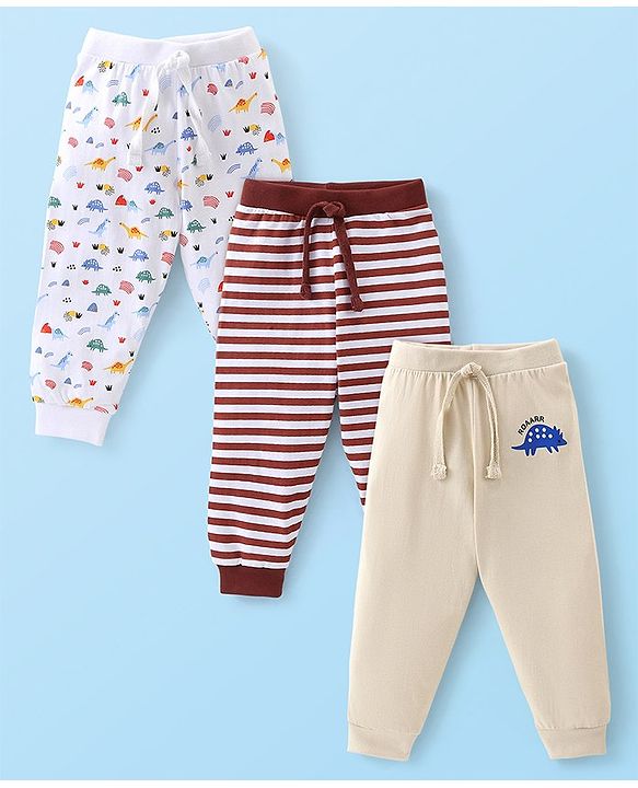 Babyhug Cotton Knit Full Length Lounge Pant Striped & Dino Print Pack of 3 - Beige Red & White