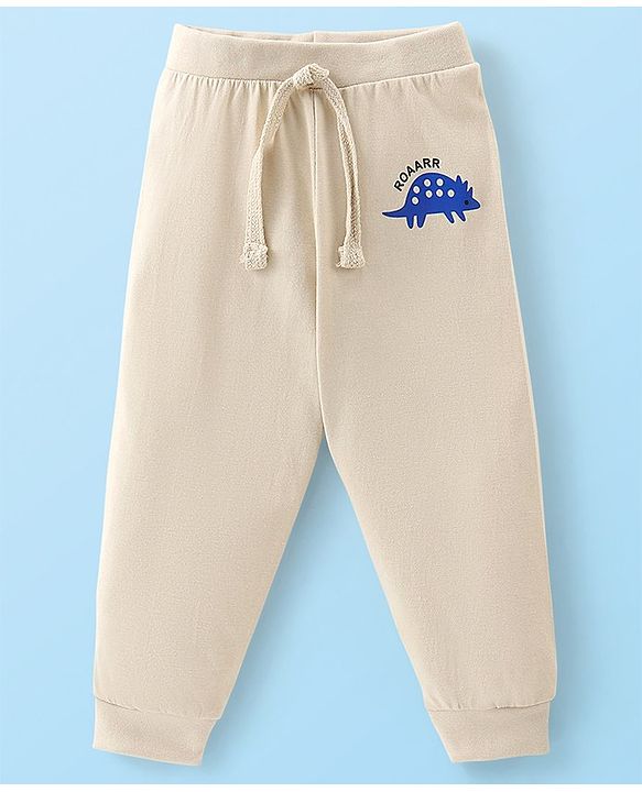 Babyhug Cotton Knit Full Length Lounge Pant Striped & Dino Print Pack of 3 - Beige Red & White