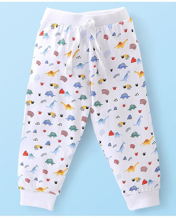 Babyhug Cotton Knit Full Length Lounge Pant Striped & Dino Print Pack of 3 - Beige Red & White