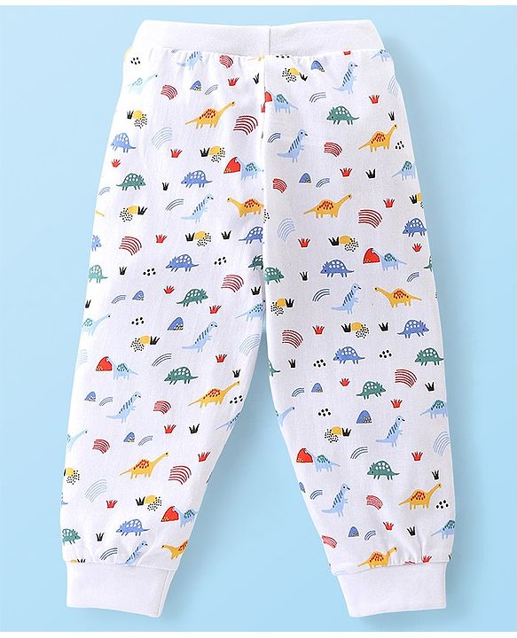 Babyhug Cotton Knit Full Length Lounge Pant Striped & Dino Print Pack of 3 - Beige Red & White