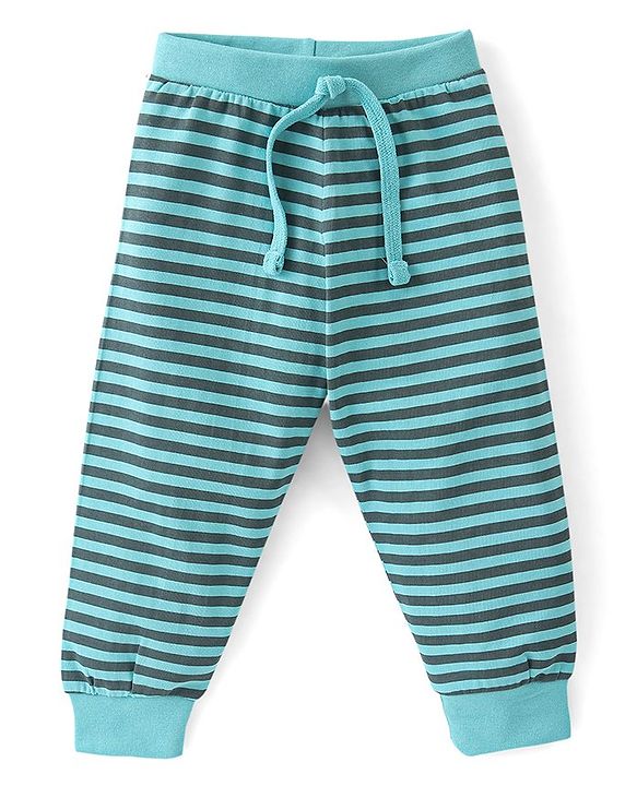 Babyhug Cotton Knit Full Length Lounge Pants Stripes & Dino Print Pack of 3 - Green Beige & White