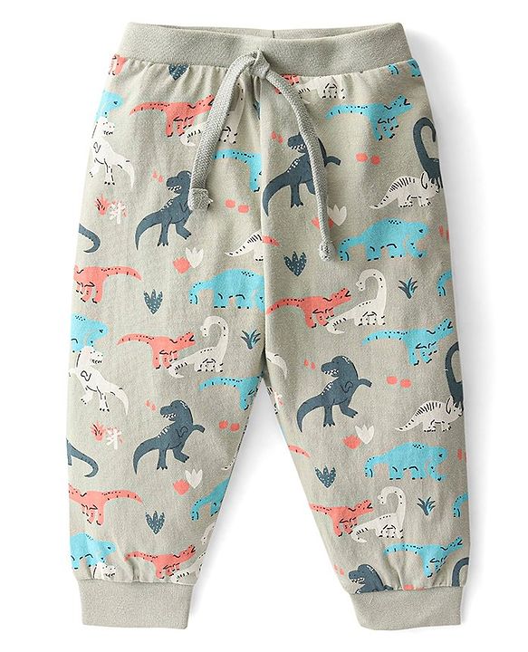 Babyhug Cotton Knit Full Length Lounge Pants Stripes & Dino Print Pack of 3 - Green Beige & White