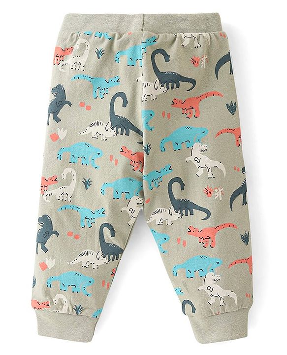 Babyhug Cotton Knit Full Length Lounge Pants Stripes & Dino Print Pack of 3 - Green Beige & White