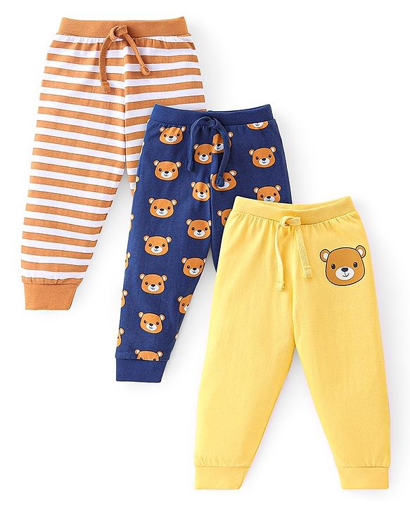 Babyhug Cotton Knit Full Length Lounge Pants Stripes & Teddy Print Pack of 3 - Brown Blue & Yellow