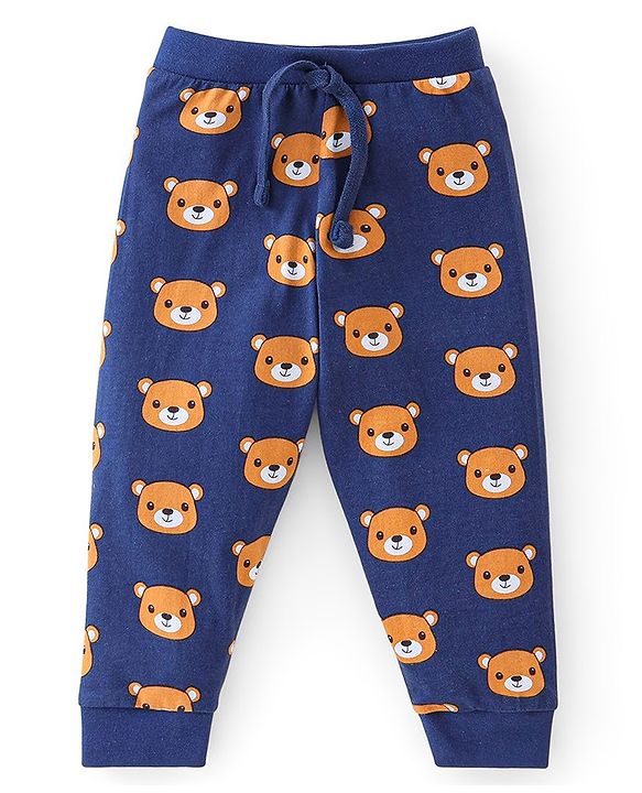 Babyhug Cotton Knit Full Length Lounge Pants Stripes & Teddy Print Pack of 3 - Brown Blue & Yellow