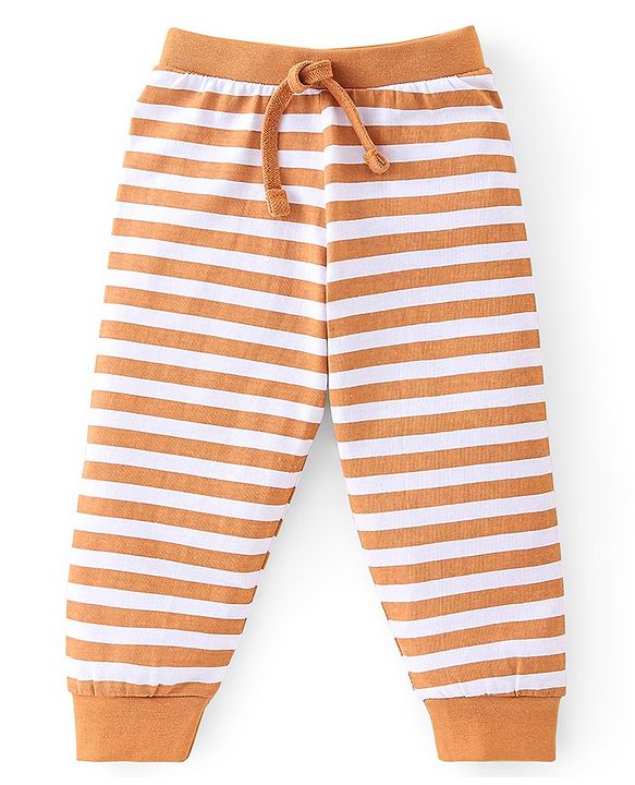 Babyhug Cotton Knit Full Length Lounge Pants Stripes & Teddy Print Pack of 3 - Brown Blue & Yellow