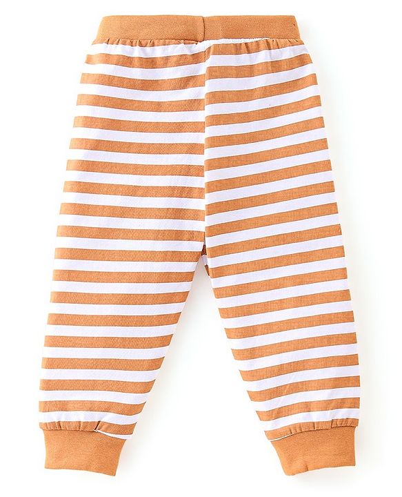 Babyhug Cotton Knit Full Length Lounge Pants Stripes & Teddy Print Pack of 3 - Brown Blue & Yellow
