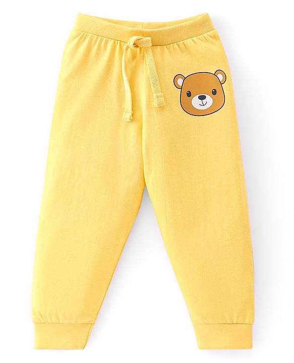 Babyhug Cotton Knit Full Length Lounge Pants Stripes & Teddy Print Pack of 3 - Brown Blue & Yellow
