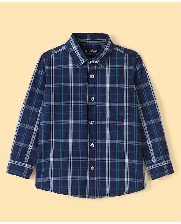 Pine Kids 100% Cotton Roll Up Full  Sleeves Check Shirt With Chest Printed Tee- Navy Blue