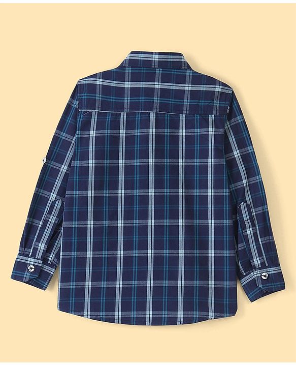 Pine Kids 100% Cotton Roll Up Full  Sleeves Check Shirt With Chest Printed Tee- Navy Blue