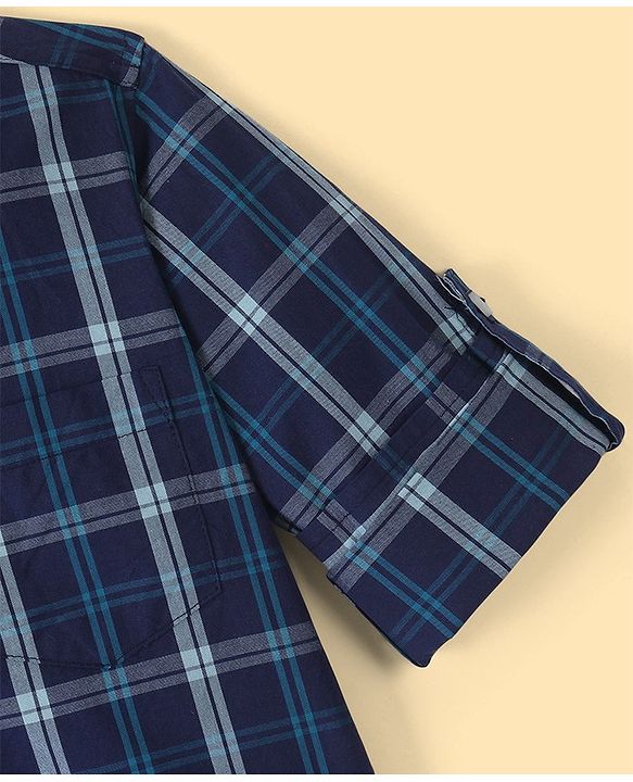 Pine Kids 100% Cotton Roll Up Full  Sleeves Check Shirt With Chest Printed Tee- Navy Blue