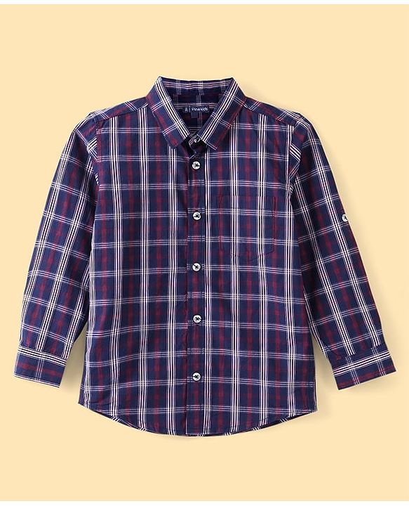 Pine Kids 100% Cotton Roll Up Full Sleeves Checkered Shirt with Inner Tee - Blue