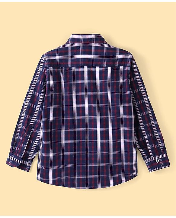 Pine Kids 100% Cotton Roll Up Full Sleeves Checkered Shirt with Inner Tee - Blue