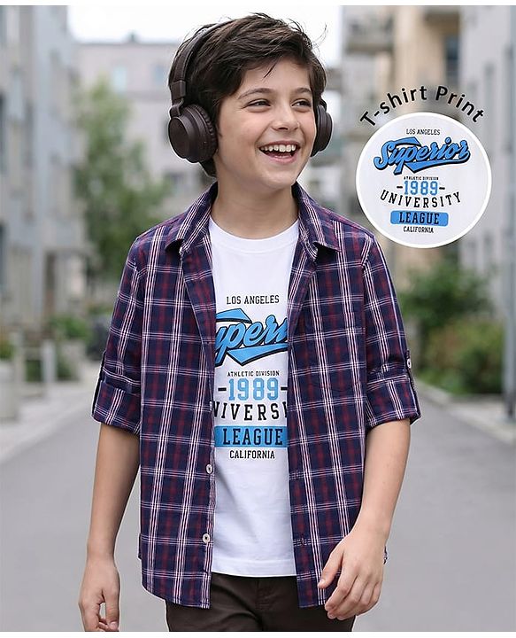 Pine Kids 100% Cotton Roll Up Full Sleeves Checkered Shirt with Inner Tee - Blue