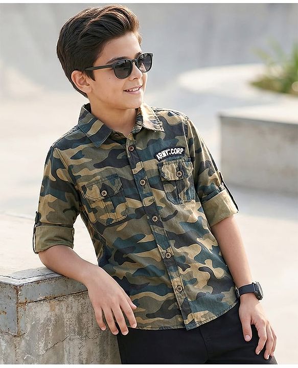 Pine Kids Roll Up Full Sleeves Camo Printed Shirt - Green