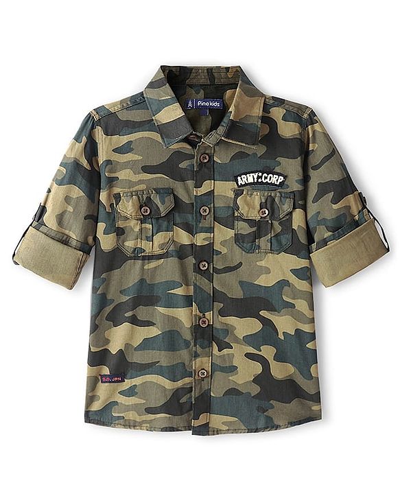 Pine Kids Roll Up Full Sleeves Camo Printed Shirt - Green