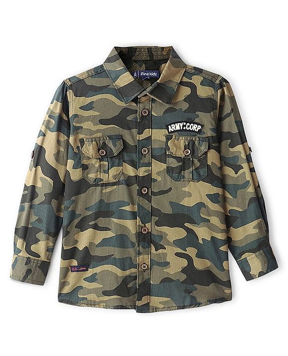Pine Kids Roll Up Full Sleeves Camo Printed Shirt - Green