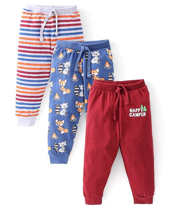 Babyhug Cotton Full Length Lounge Pants Striped & Wolf Printed Pack of 3 - Red & Blue
