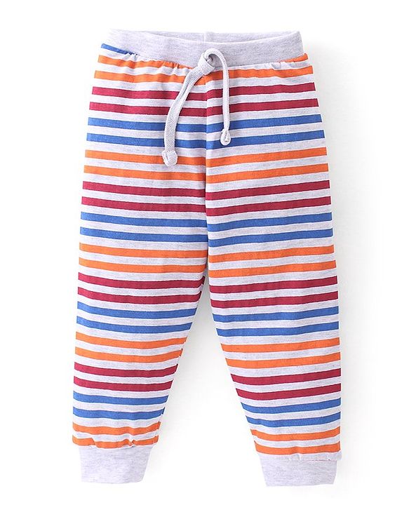 Babyhug Cotton Full Length Lounge Pants Striped & Wolf Printed Pack of 3 - Red & Blue